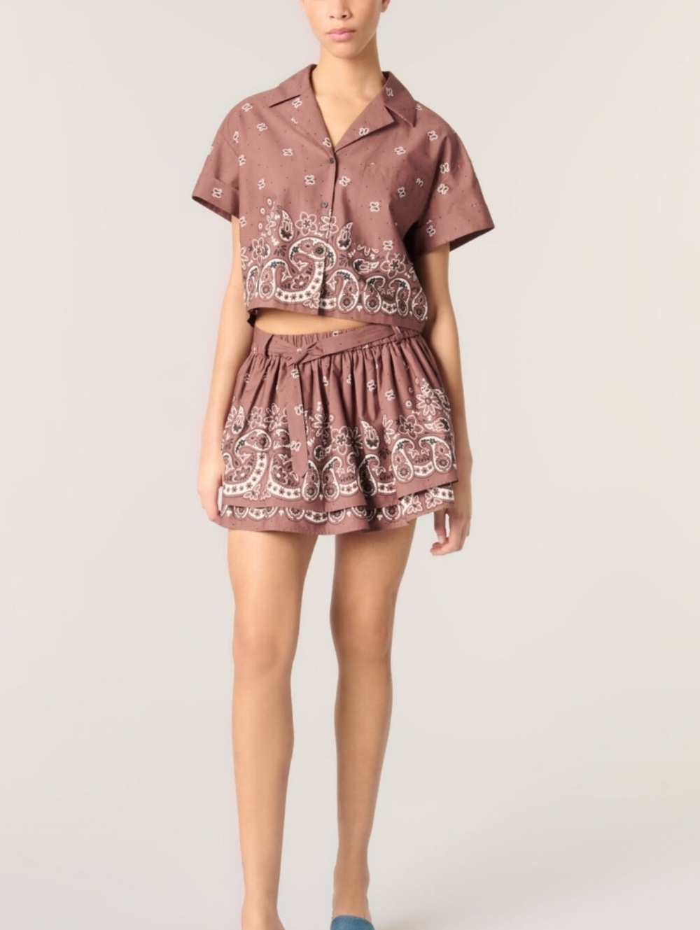 Maje Brown Patterend Rhinestone Cropped Button Down Loose Fit Shirt Size 2